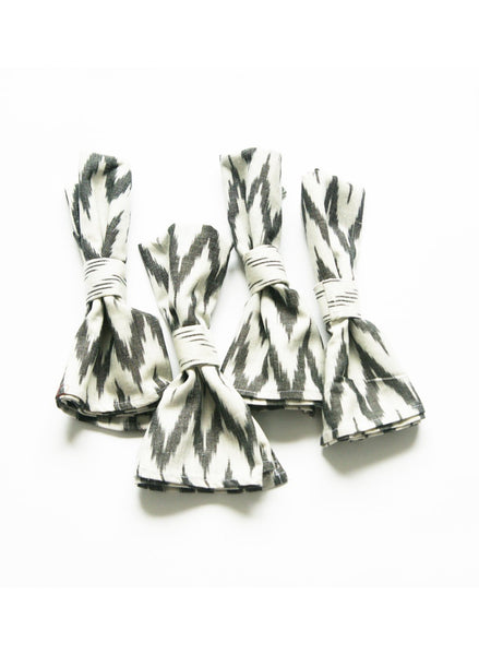 Ikat Napkin Ring Set Handwoven Cotton Cloth Grey Zig Zag Set of 4
