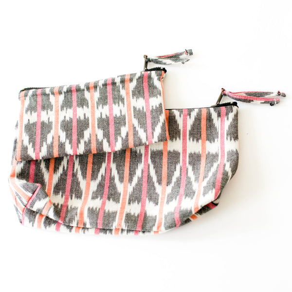Artisan Made Orange Pink Ikat Triangle Stripe Large Zipper Pouch