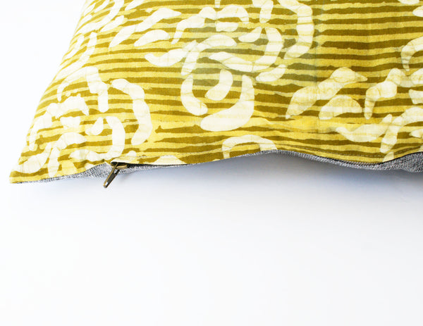 Maize Gold Coral Swirl Batik Blockprinted Cotton Lumbar Pillow 12 x 24