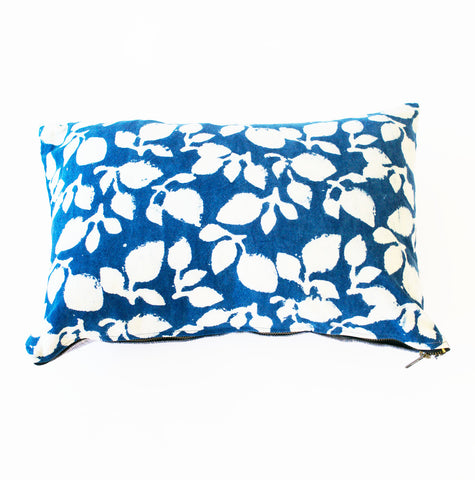 Blue Leaf Cotton BLockprinted Lumbar Pillow 12 x 18