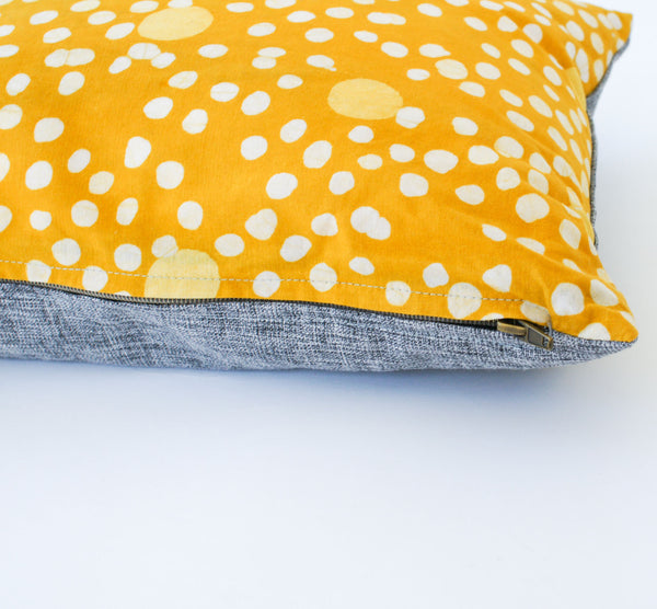 Maize Gold Coral Dot Batik Blockprinted Lumbar Cotton Pillow 12 x 18