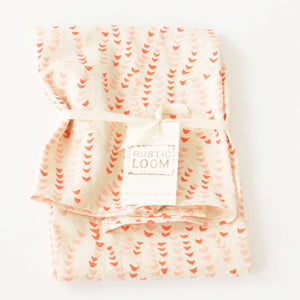 Orange + Pink Leaf Vine Cotton Blockprinted Tea Towel