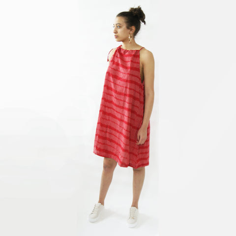 Red Cotton Stripe Swing Dress Artisan Made Ikat