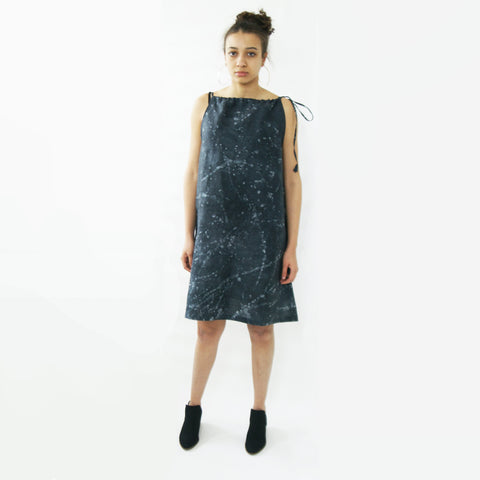 Black Linen Summer Swing Dress Artisan Made Batik Splatter