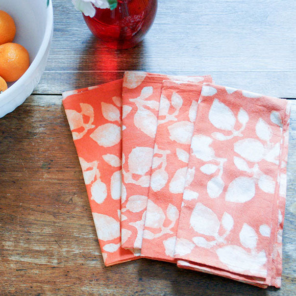 Orange Leaf Pattern Cotton Block Print Dinner Napkin Set