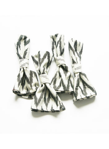 Napkin Ring Set Handwoven Cotton Cloth White Grey Ikat Diagonal Stripe Set of 4
