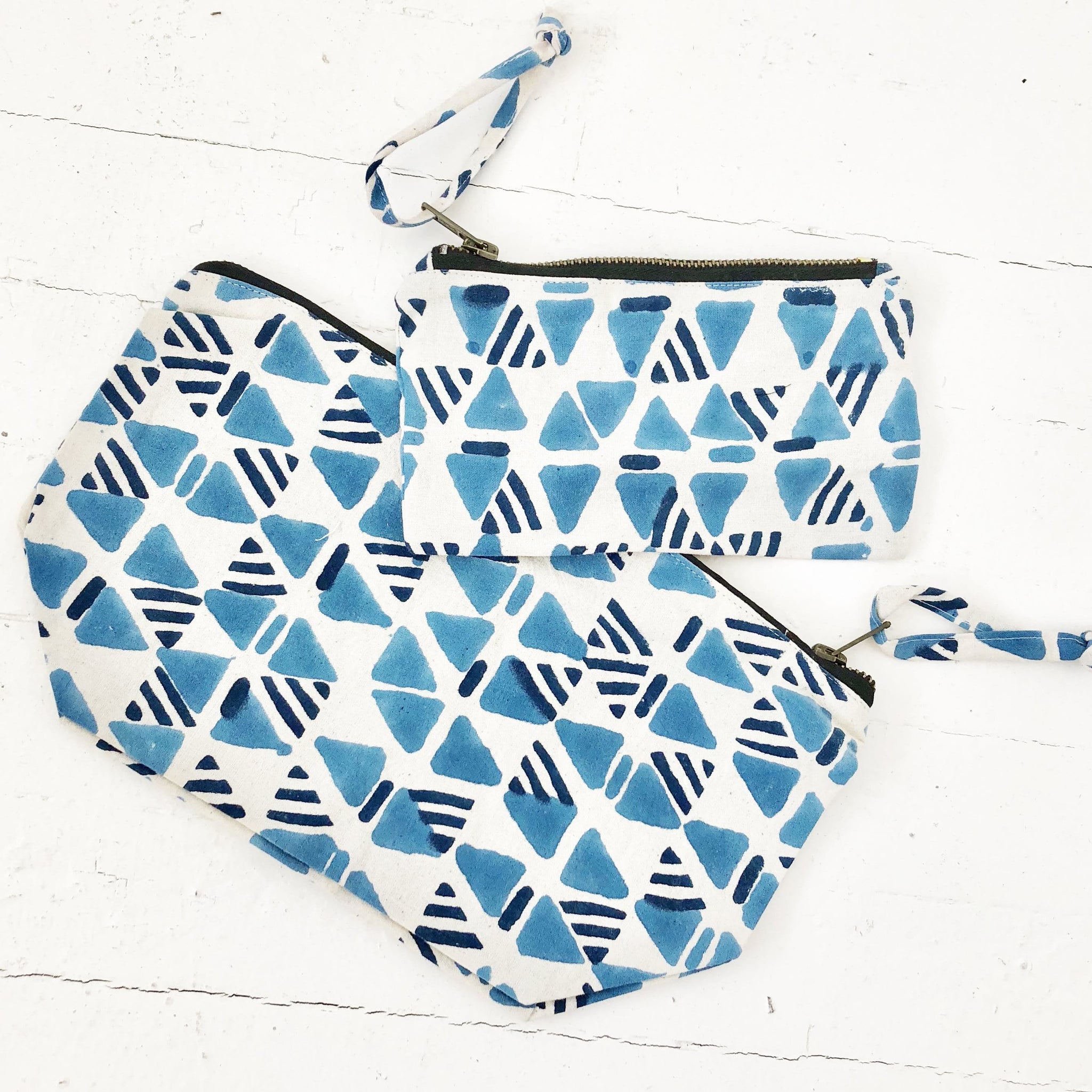 Gift Set: Blue Triangle Block Print Zipper Pouch