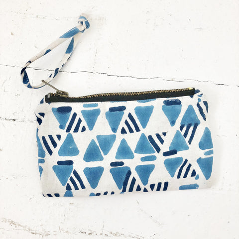 Blue Triangle Block Print Small Zipper Pouch Phone Case Wallet