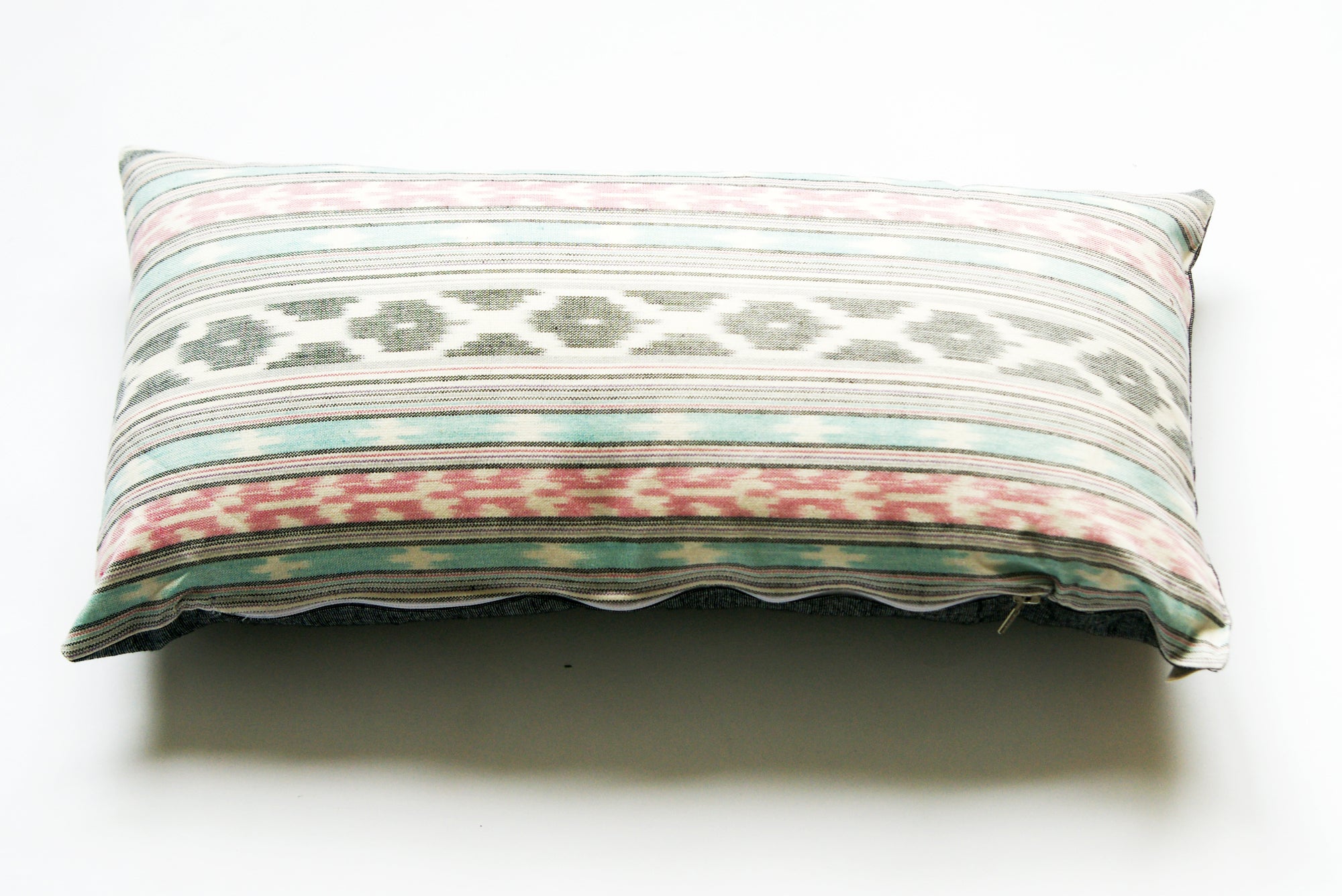 Aqua Pink Grey Ikat Stripe Woven Lumbar Pillow 12 x 24