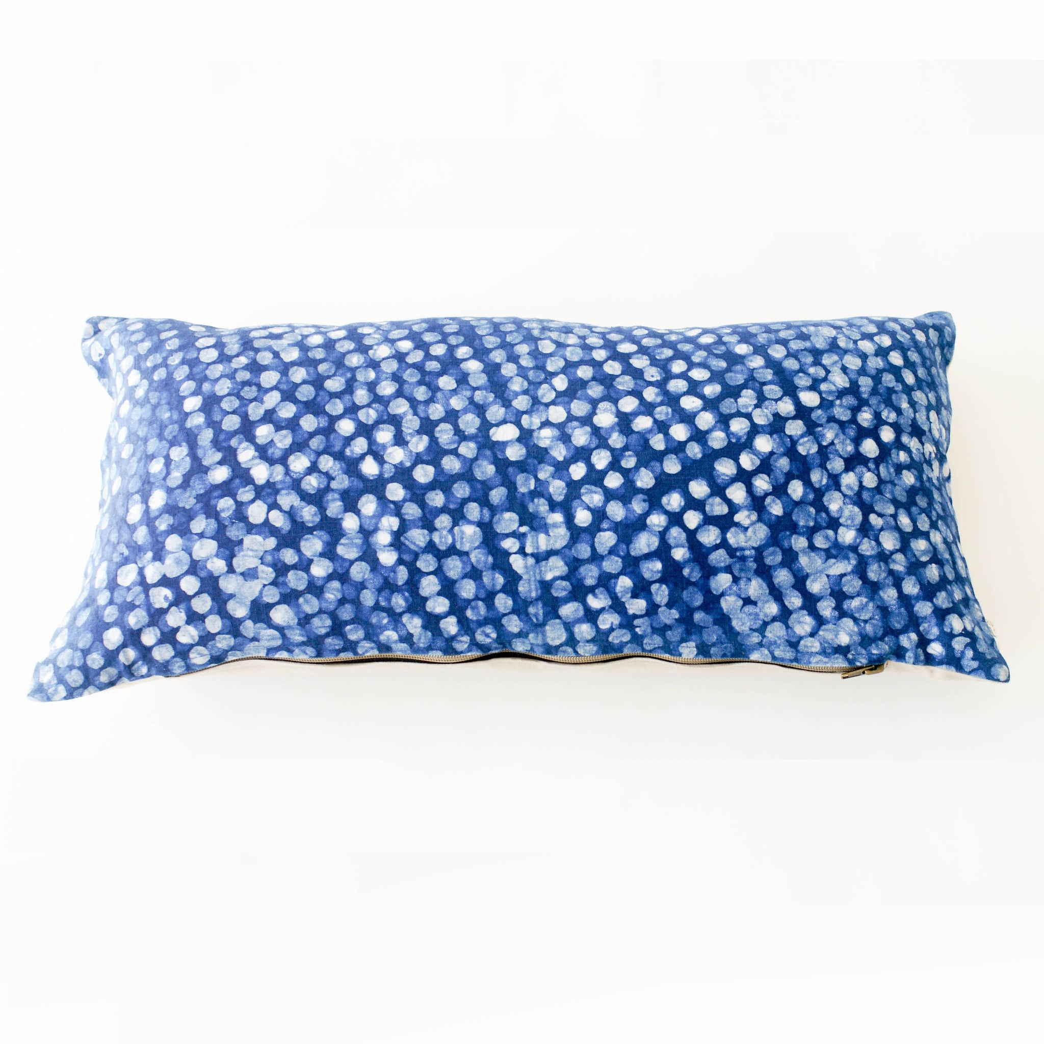 Indigo Blue Dot Batik Linen Lumbar Toss Pillow