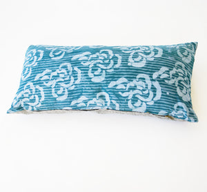 Blue Coral Swirl Batik Blockprinted Cotton Lumbar Pillow 12 x 24