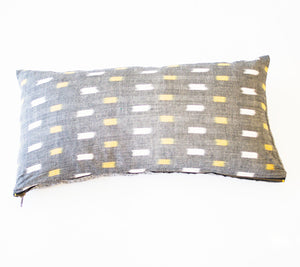 Grey Gold Check Ikat Cotton Lumbar Throw Pillow 12 x 24 Rustic Loom