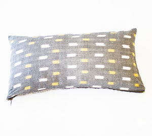 Grey Gold Check Ikat Cotton Lumbar Throw Pillow 12 x 24