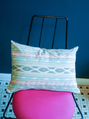 Aqua Pink Grey Ikat Stripe Woven Small Lumbar Pillow 12 x 18