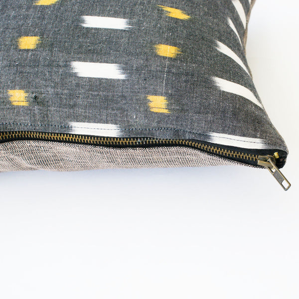 Grey Gold Check Ikat Cotton Lumbar Throw Pillow 12 x 18