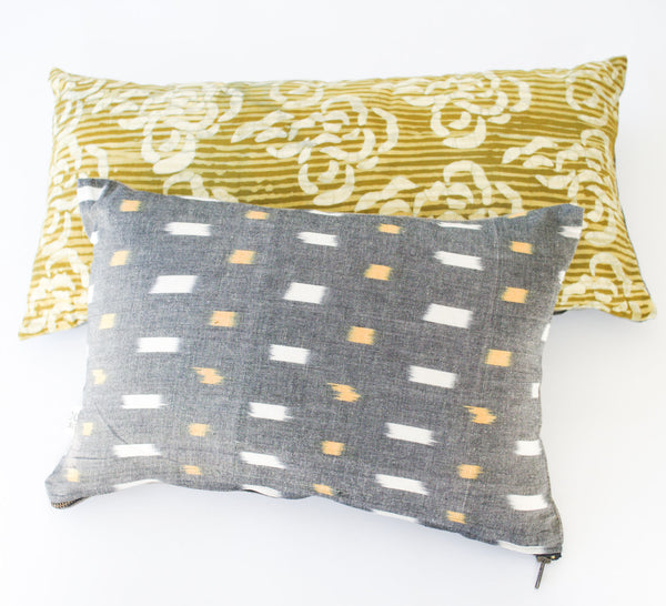 Grey Gold Check Ikat Cotton Lumbar Throw Pillow 12 x 18