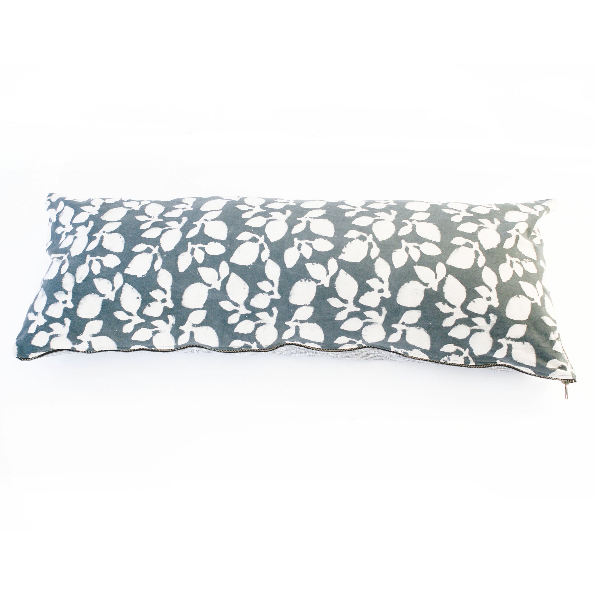 Grey Leaf Blockprinted Jumbo Lumbar Toss Pillow 14 x 36