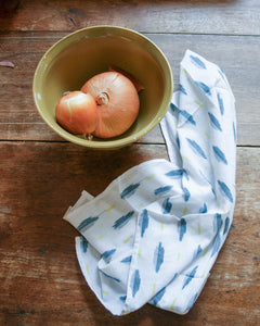 White Green + Yellow Ikat Leaf Cotton Woven Kitchen Towel