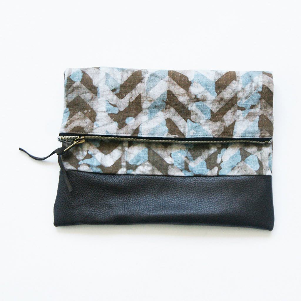Fold Over Clutch Brown Leather Chevron Zipper Pouch