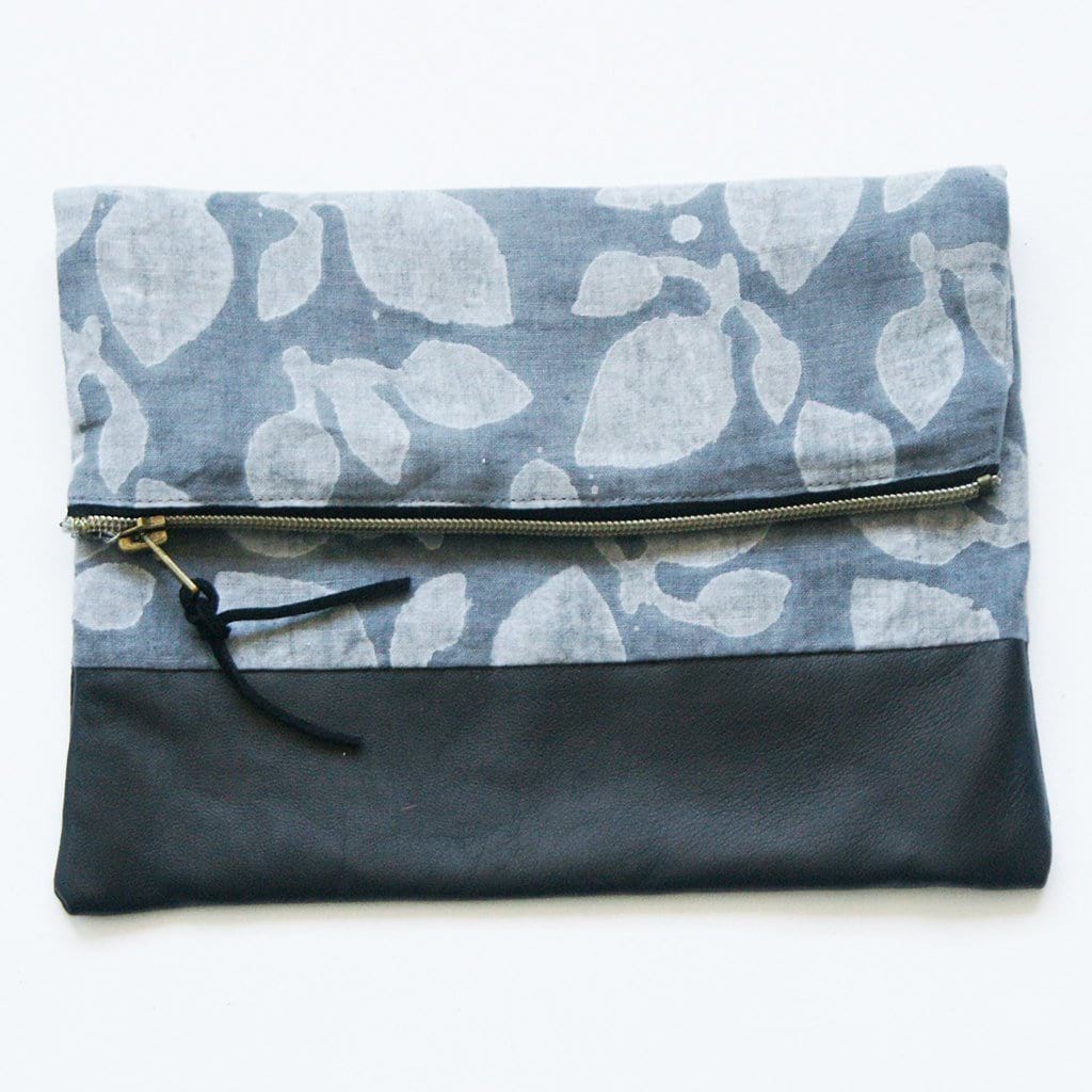 Fold Over Clutch Black Leather Grey Leaf Block Print Zipper Pouch