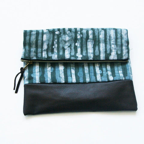 Sale: Fold Over Clutch Brown Leather Blue Green Stripe Zipper Pouch Evening Clutch