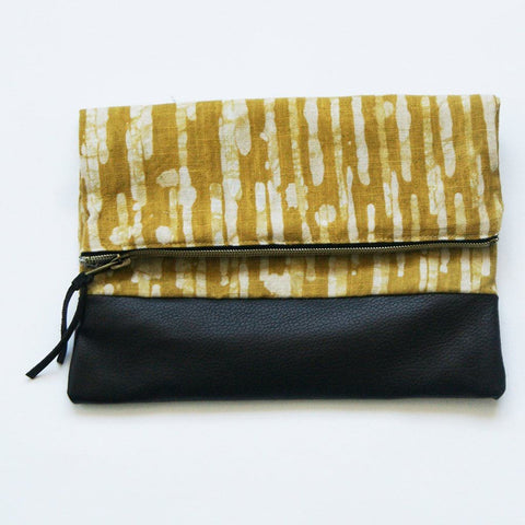 Fold Over Clutch Brown Leather Maize Gold Stripe Zipper Pouch