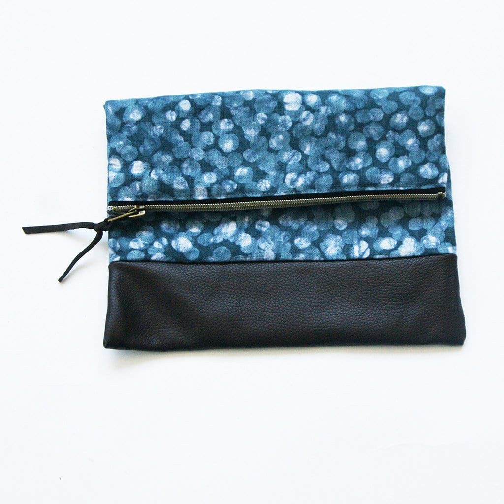 Fold Over Clutch Brown Leather Zipper Pouch Teal Dot Evening Clutch