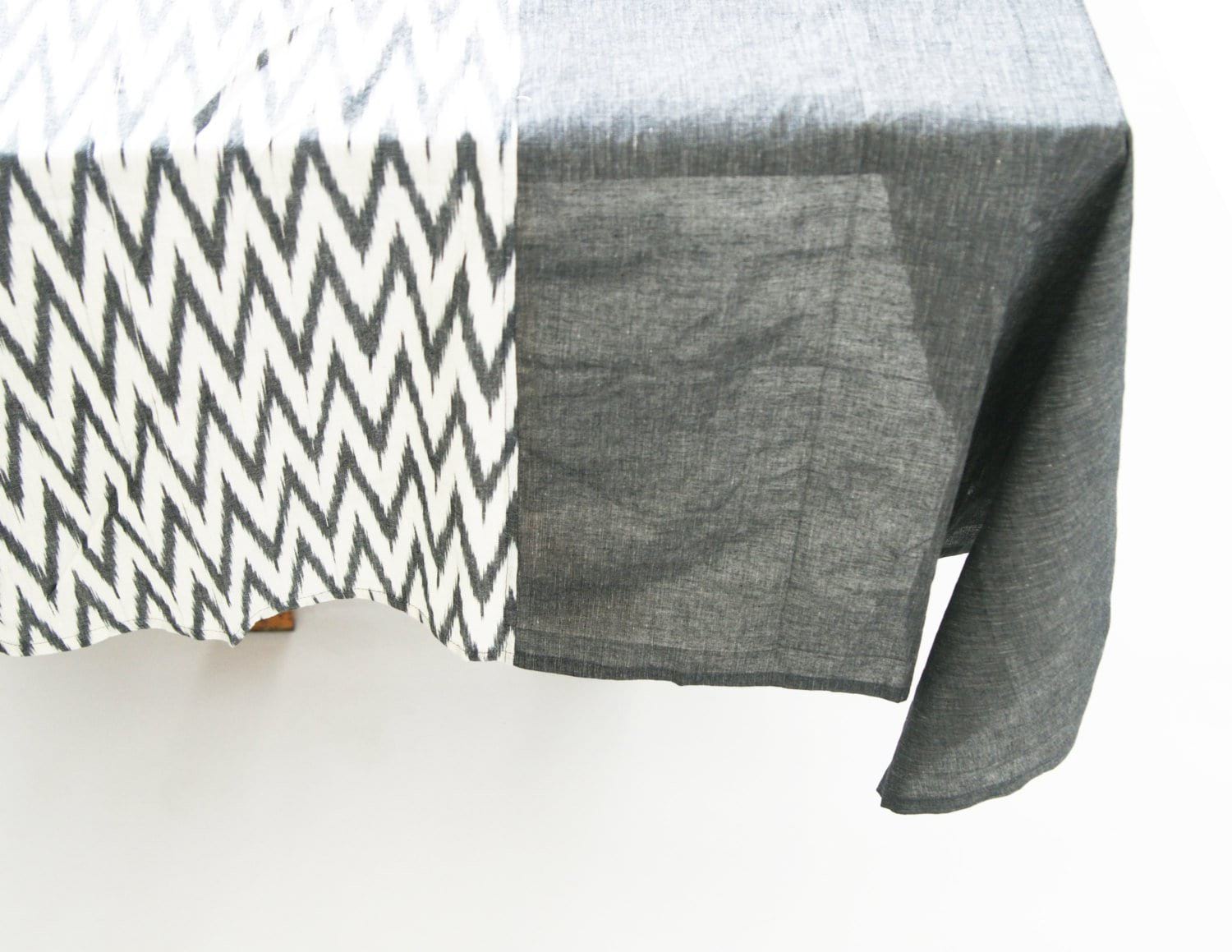 Grey Chevron Zig Zag Cotton Tablecloth Handwoven Ikat Stripe