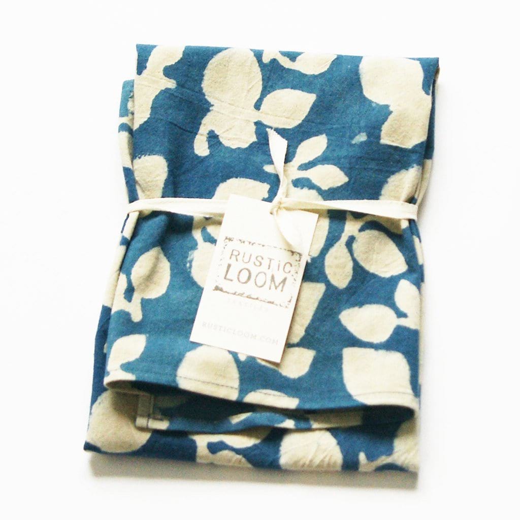Indigo Blue Cotton Tea Towel Handprinted Leaf