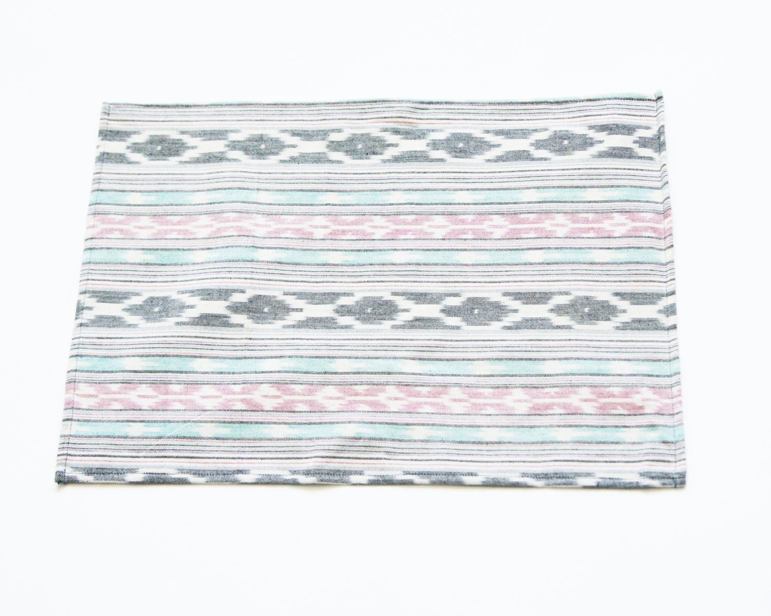 Placemat Handwoven Aqua Pink Grey Ikat Stripe