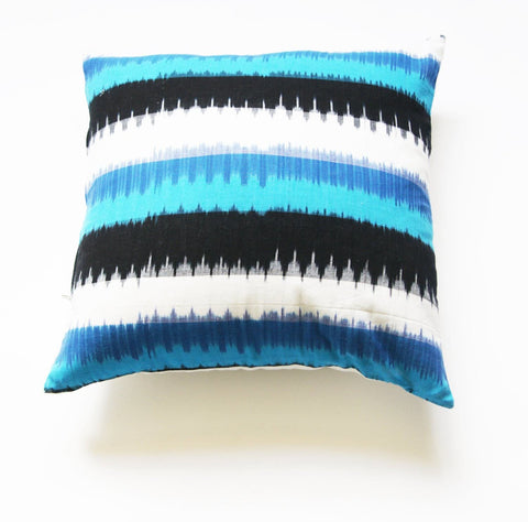 Square Toss Pillow Blue Ikat Wide Stripe Handwoven