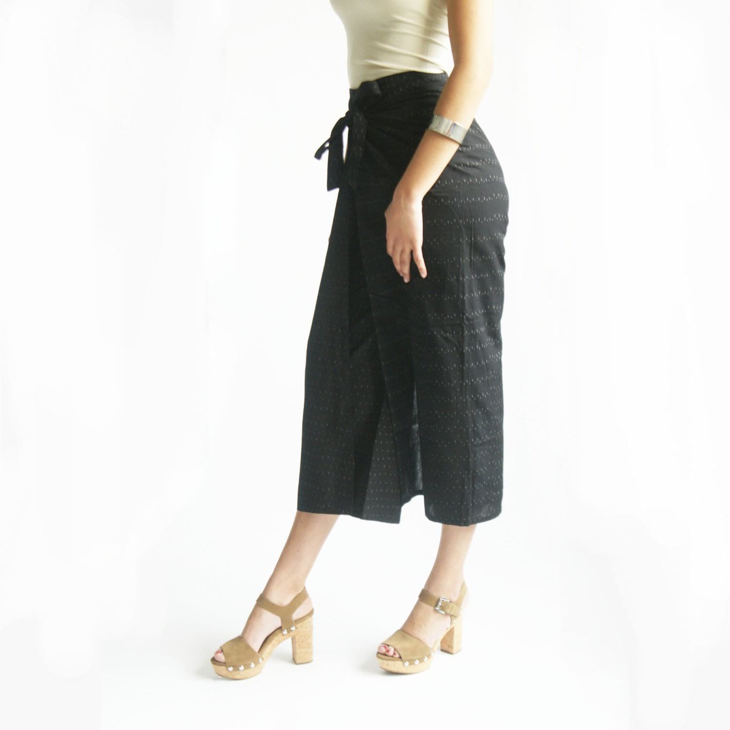 Wide Leg Cotton Wrap Pants Black Ikat Palazzo Wide Leg Trousers