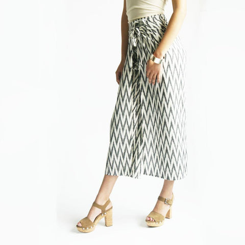 Wide Leg Pants White Grey Zig Zag Ikat Wrap Palazzo