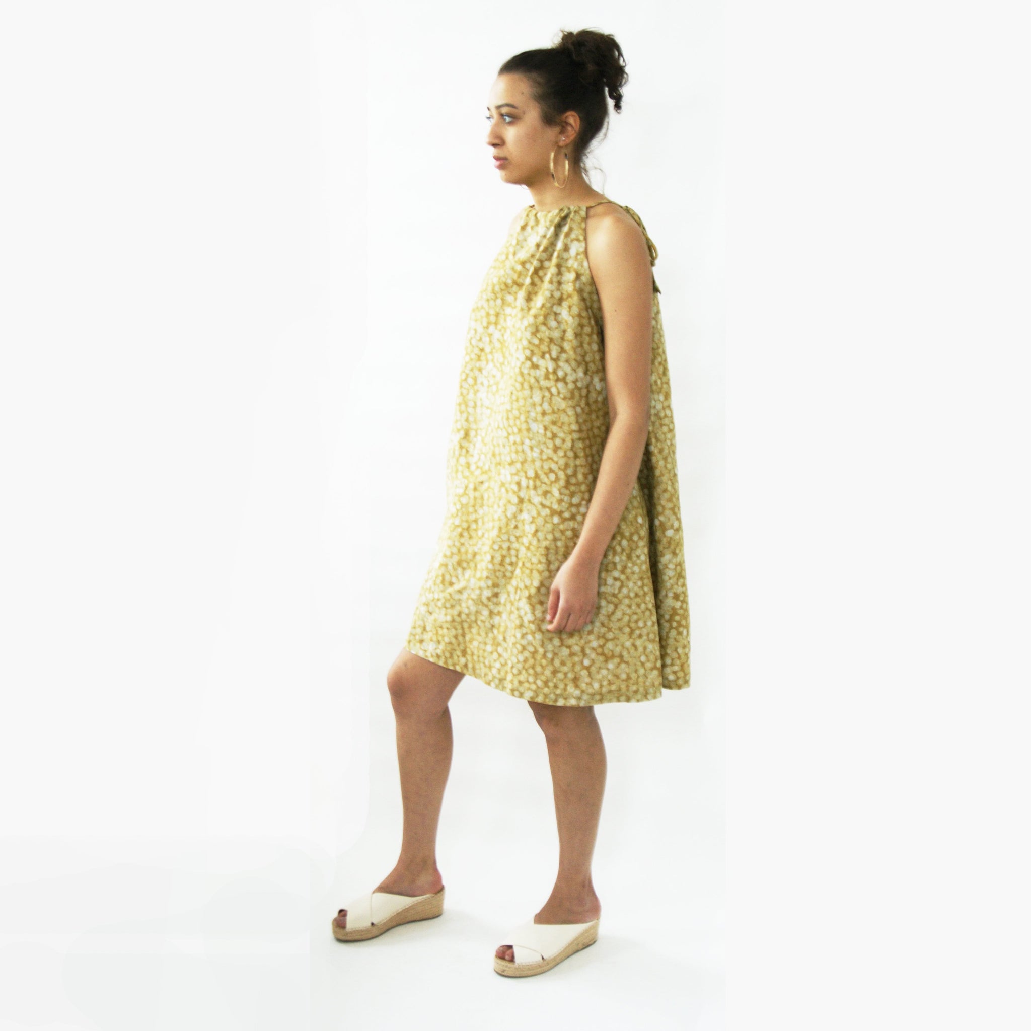 Maize Yellow Linen Dot Summer Swing Dress Artisan Made Batik
