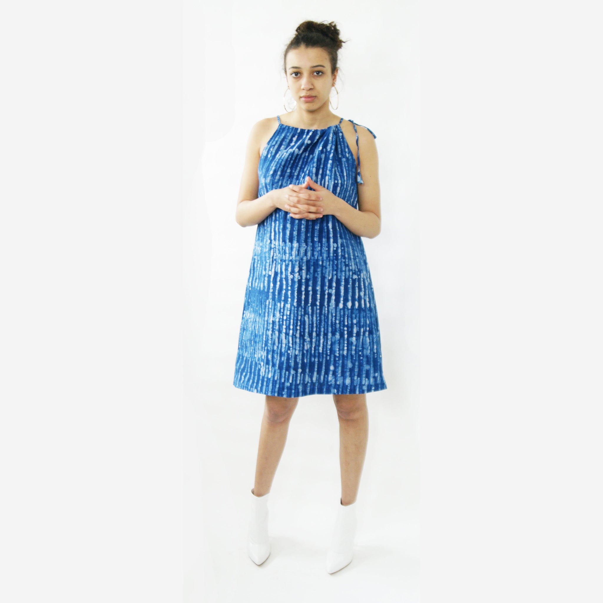 Indigo Blue Linen Thin Stripe Summer Swing Dress Artisan Made Batik