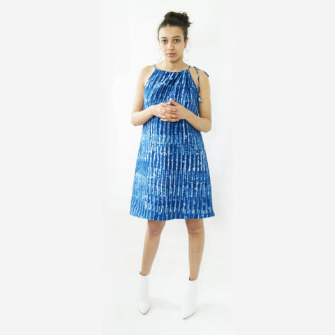 Indigo Blue Linen Thin Stripe Summer Swing Dress Artisan Made Batik