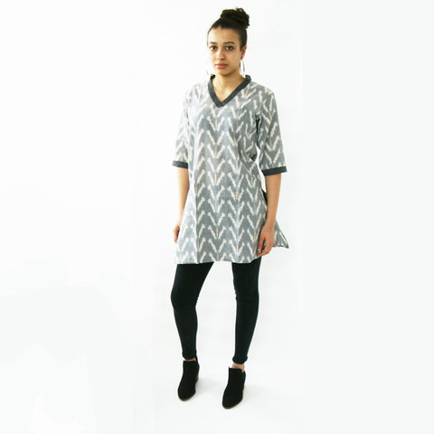 Grey Tulip Cotton Tunic Top Artisan Made Ikat