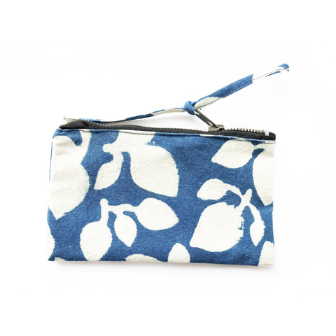 Indigo Blue Leaf Small Zipper Pouch Coin Purse Navy Blue Leaf Wallet