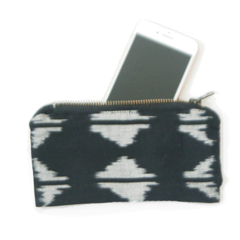 Black Ikat Triangle Cotton Woven Small Zipper Pouch