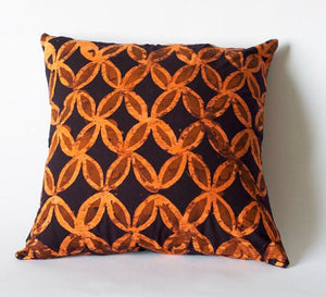 Orange Geo Floral Handprinted Batik Cotton Decorative Toss Pillow