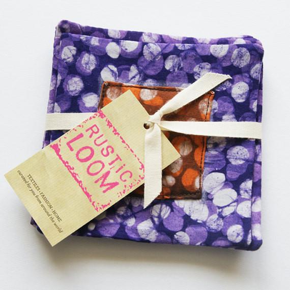 Cloth Coaster Set Purple Orange Dot Dot Batik Block Print