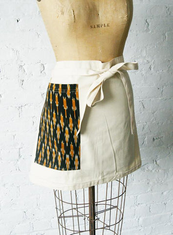 Cream Canvas Chefs Apron Black Gold Dash with Pocket