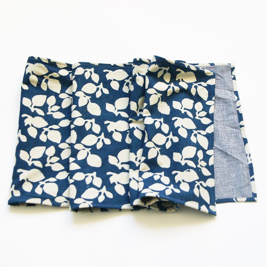 White Blue Leaf Table Runner Block Print