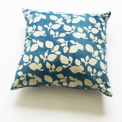 Indigo Blue Leaf Hand Block Printed Cotton Throw Pillow