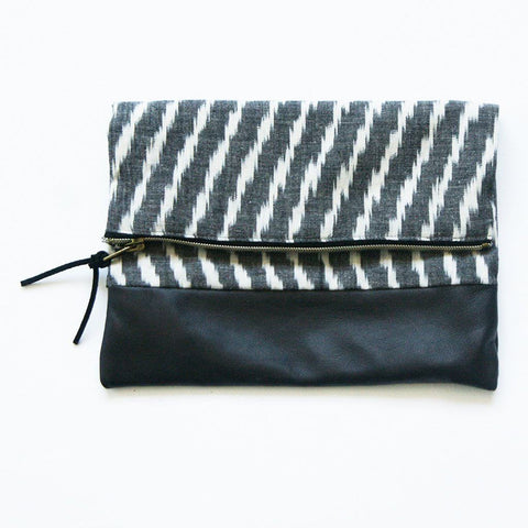 Fold Over Clutch Black Leather Ikat Zipper Pouch Evening Clutch