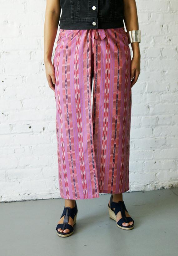 SOLD OUT Boho Wide Wrap Leg Palazzo Cotton Handwoven Fuchsia Stripe Ikat Pants