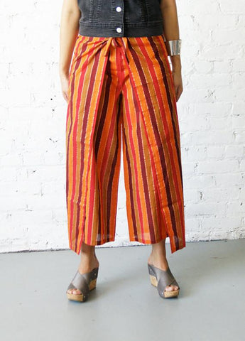 Palazzo Cotton Handwoven Orange Melon Multi Stripe Wrap Pants