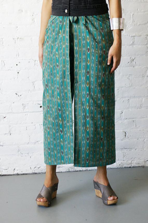 Palazzo Wide Leg Wrap Pants Cotton Handwoven Aqua Teal Ikat