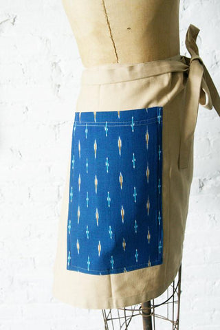 Canvas Unisex Half Chefs Apron Blue Dash Ikat Pocket