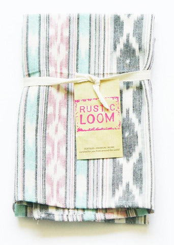 Aqua Pink Grey Stripe Woven Cotton Ikat Tea Towel